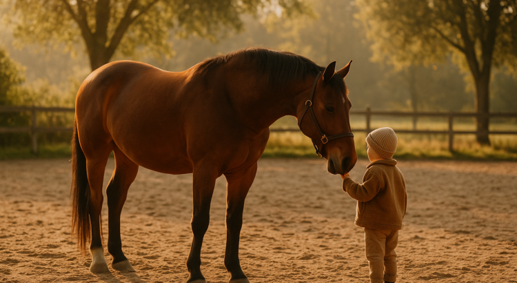 Kind streichelt das Maul eines braunen Pferdes auf einem Reitplatz im warmen Morgenlicht