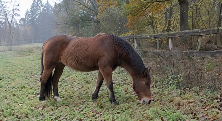 Braunes Pferd grast auf einer Herbstweide mit Laub am Waldrand